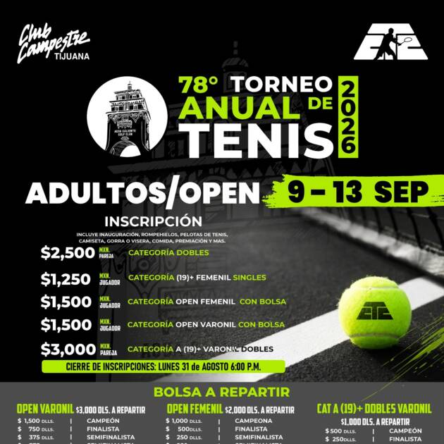 78° Torneo Anual de Tenis 2026 — Adultos/Open, 9 al 13 de septiembre