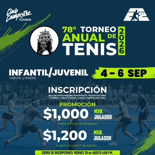 78° Torneo Anual de Tenis 2026 — Infantil/Juvenil, 4 al 6 de septiembre