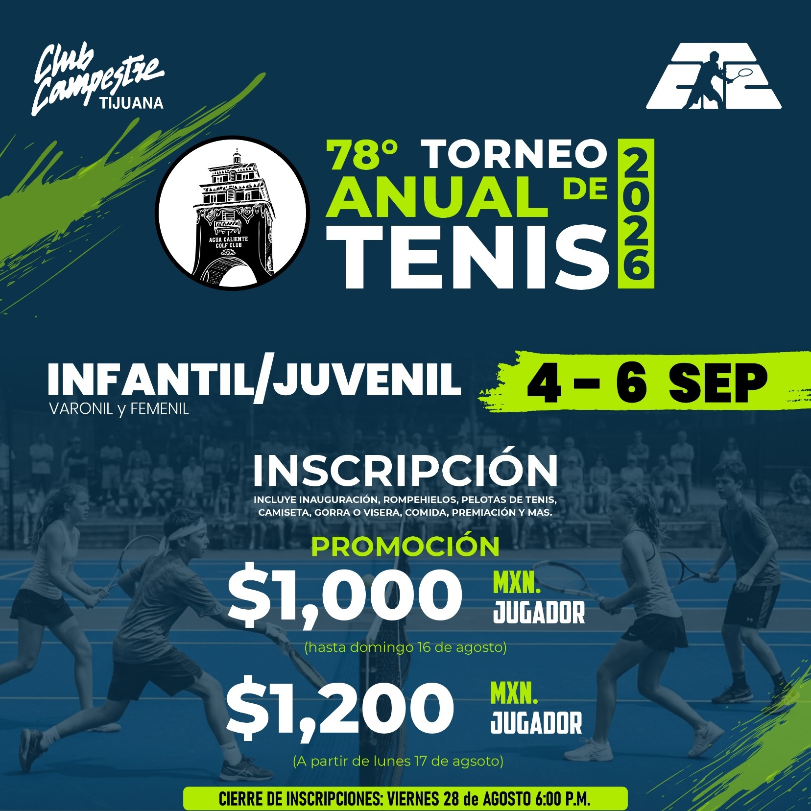 78° Torneo Anual de Tenis 2026 — Infantil/Juvenil, 4 al 6 de septiembre